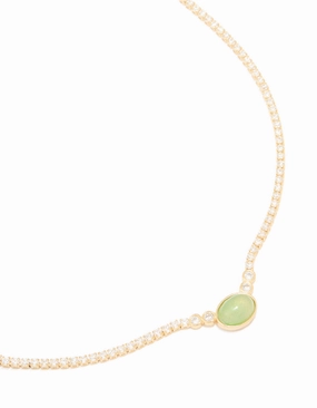 Gold Plated Cubic Zirconia Oval Green Semi Precious Stone Cup Chain Necklace Luxury Ornament Elegant Teen