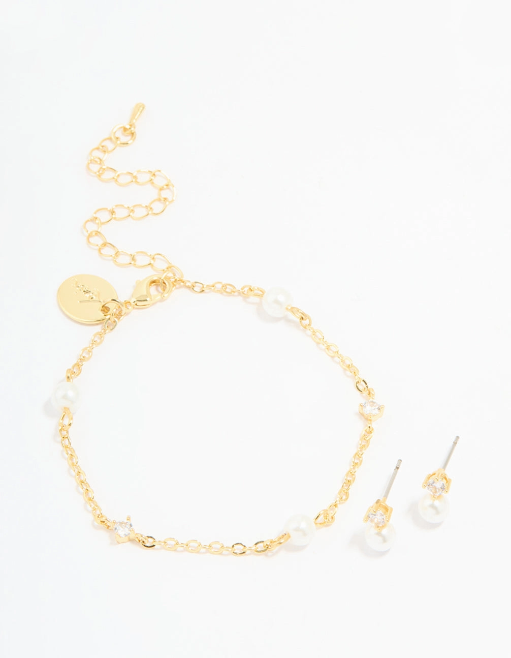 Timeless Feature Gold Plated Cubic Zirconia Pearl Bracelet & Earrings Set