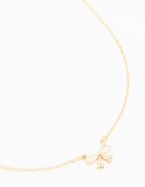 Gold Plated Cubic Zirconia Small Bow Pendant Necklace Beautiful Design