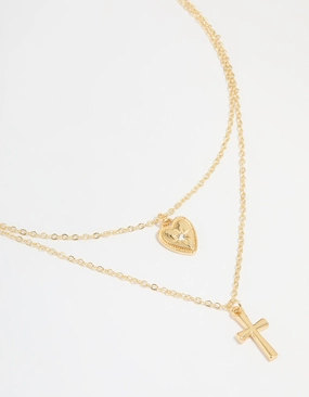 Luxury Accessory Gold Plated Diamante Heart & Cross Layered Necklace