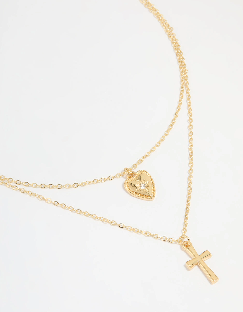 Luxury Accessory Gold Plated Diamante Heart & Cross Layered Necklace
