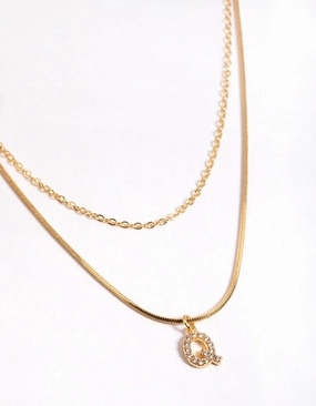Gold Plated Diamante Letter Q Layered  Necklace Unique Piece Signature Gift