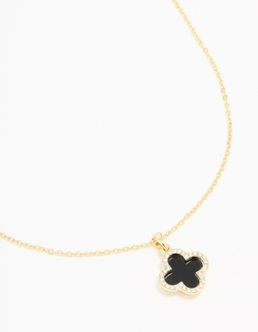 Gold Plated Diamante Outline Black Flower Pendant Necklace Statement Detail