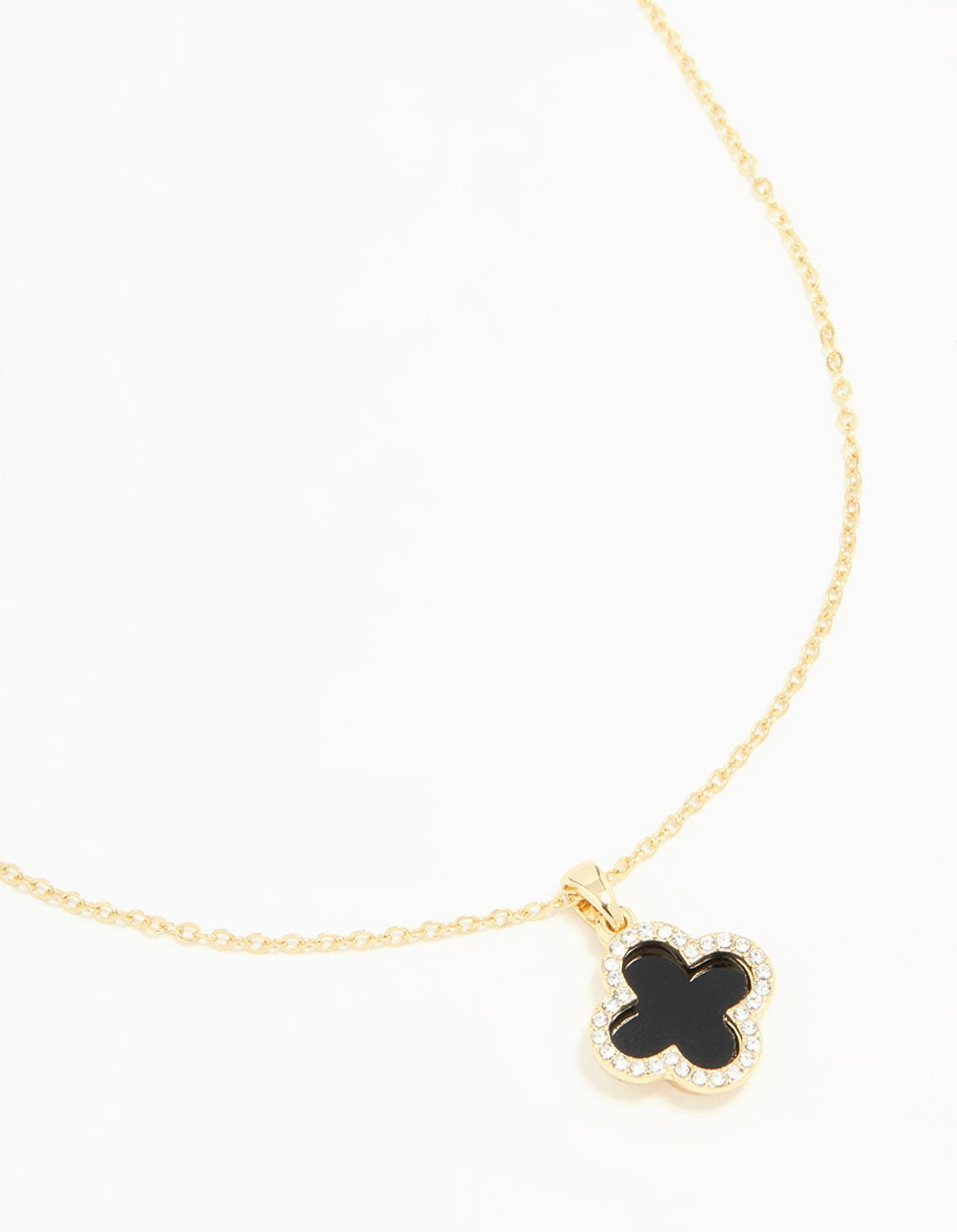 Gold Plated Diamante Outline Black Flower Pendant Necklace Statement Detail