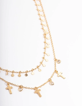 Gold Plated Disc & Cross Two Layered Necklace Polished Finish