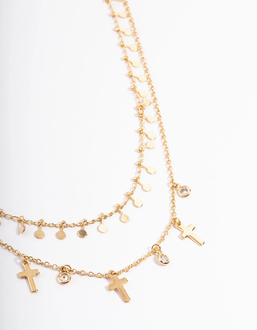 Gold Plated Disc & Cross Two Layered Necklace Polished Finish