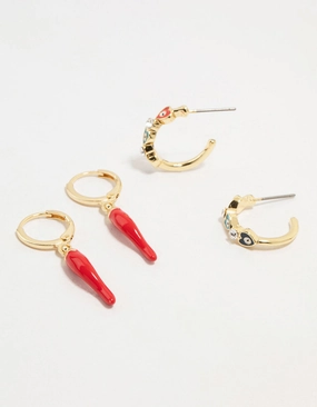 Rectangular Piece Gold Plated Evil Eye & Chilli Hoop Earrings 2-Pack