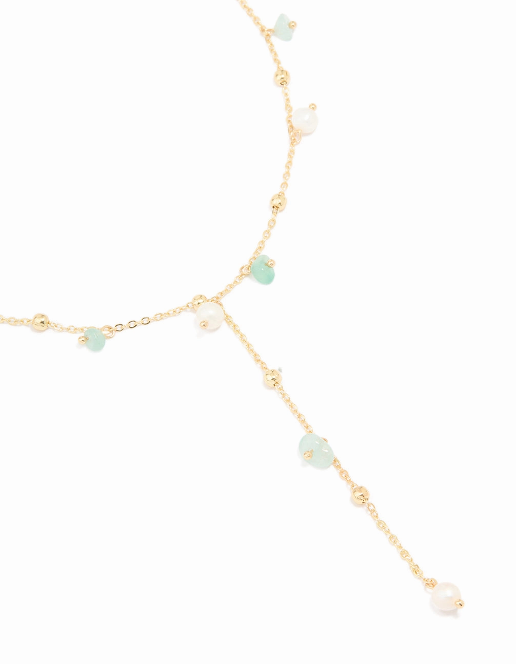 Fall Mood Gold Plated Freshwater Pearl & Green Semi Precious Stone Chip Y-Necklace