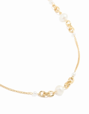 Gold Plated Freshwater Pearl & Mini Link Necklace Gift Option Fine Design