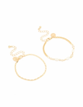 Gold Plated Freshwater Pearl Cubic Zirconia & Chain Bracelets 2-Pack Trendy Fit Casual Design