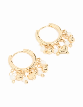 Opulent Design Lively Spirit Gold Plated Freshwater Pearl Heart Drop Huggie Earrings