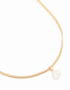 Polished Shine Gold Plated Freshwater Pearl Snake Chain Pendant Necklace