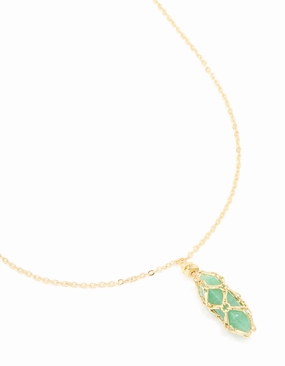 Gold Plated Green Aventurine Wrapped Pendant Necklace Furnishing Item