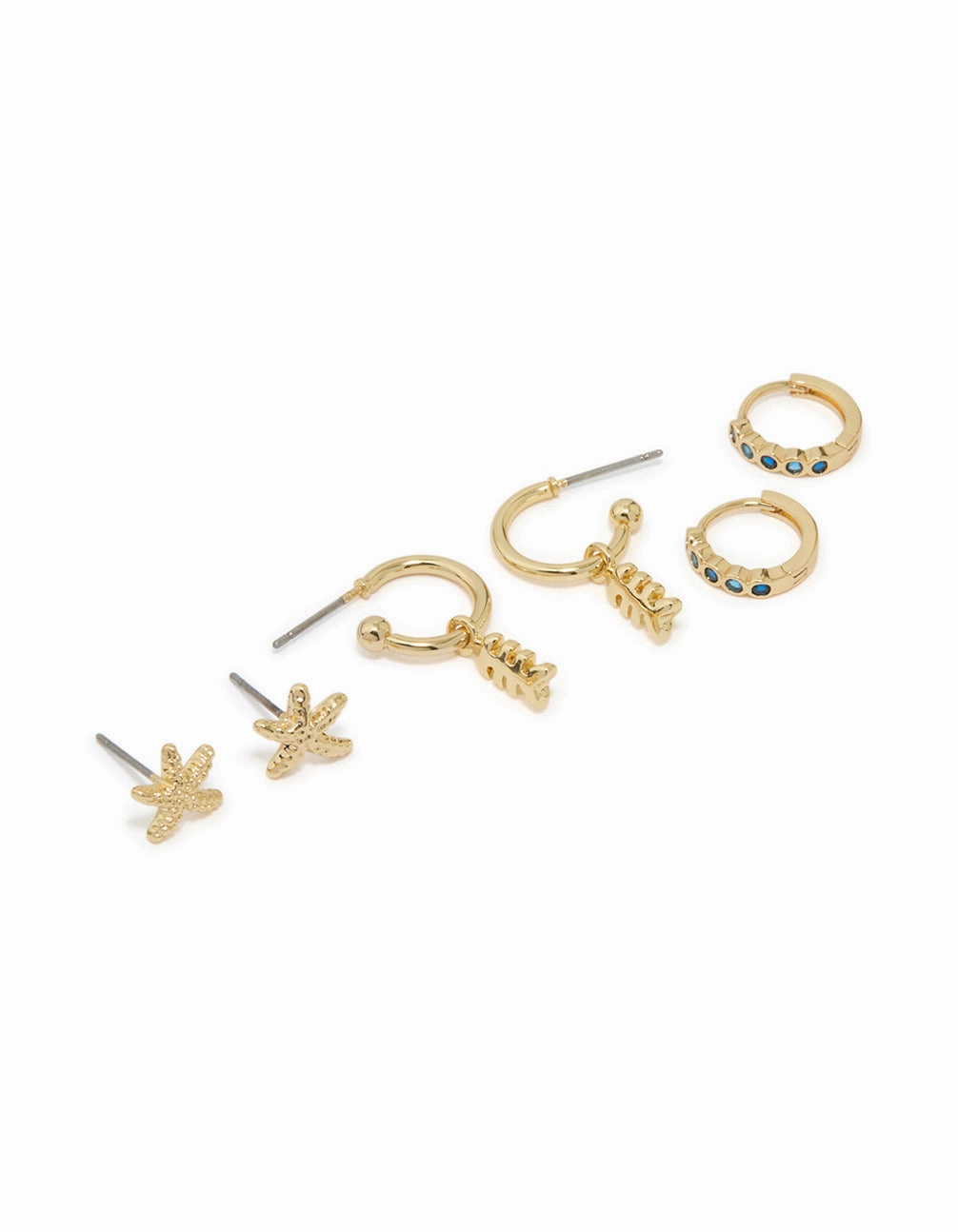 Gold Plated Green Cubic Zirconia & Starfish Earrings 3-Pack Substantial Item Pearlescent Embellishment