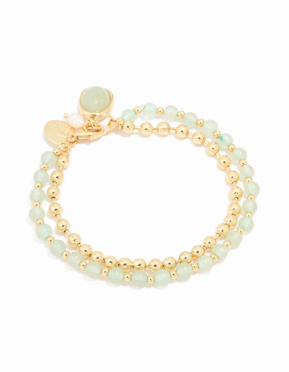 Dreamy Look Natural Detail Gold Plated Green Semi Precious Stone Pearl & Ball Charm Layered Bracelet