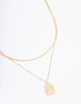 Gold Plated Hammered Rectangular Layered Necklace Soft Accent Cool Woman