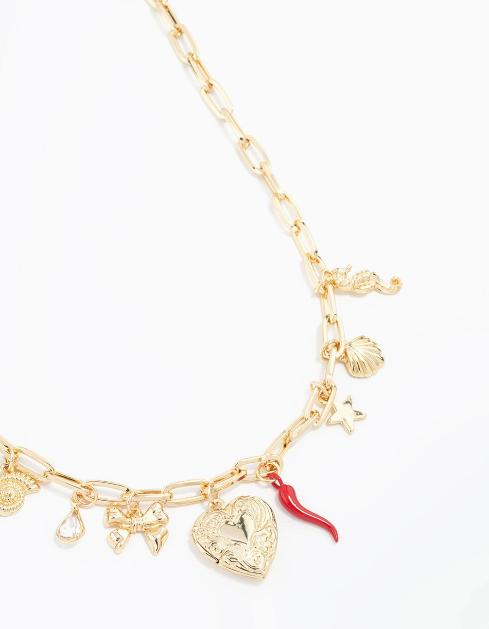 Gold Plated Heart Locket & Seahorse Charm Necklace Wonderful Ornament Confident Woman