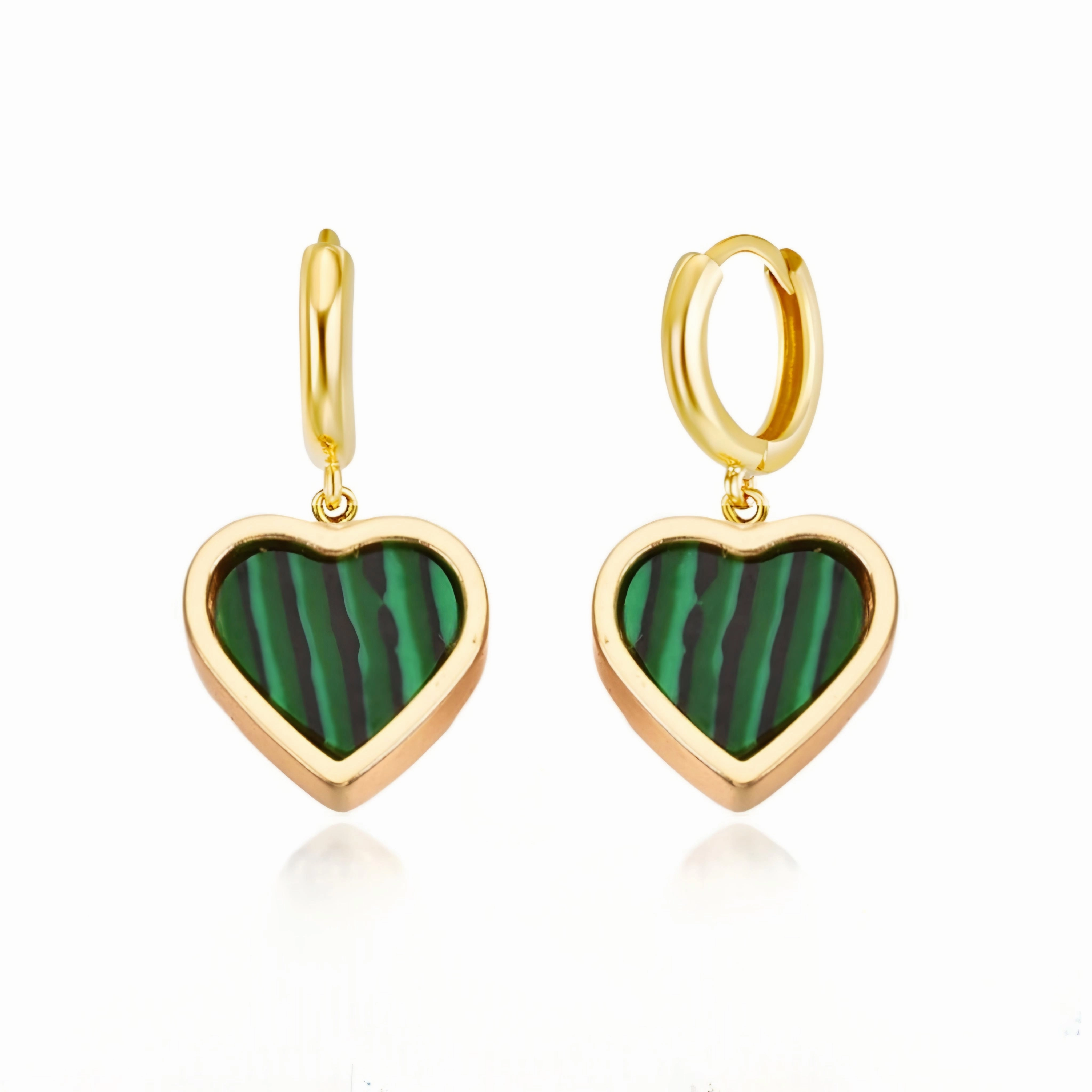 Brilliant Product Gold Plated Malachite Framed Heart Surgical Steel Earrings