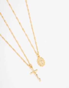 Sustainable Jewelry Gold Plated Mary Hammered Cross Necklace 2-Pack