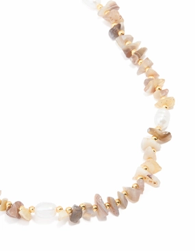 Gold Plated Mixed Semi Precious Stone Pearl Chip Necklace Layered Look