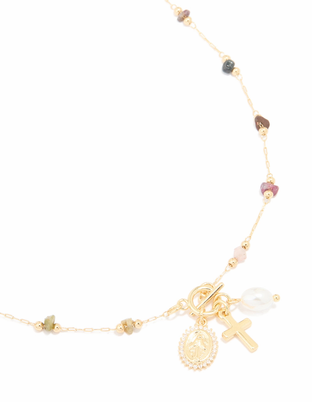 Premium Shine Polished Craft Gold Plated Multicoloured Semi Precious Stone Freshwater Pearl Cross Charm Necklace