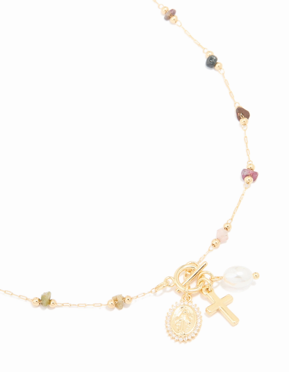 Gold Plated Multicoloured Semi Precious Stone Freshwater Pearl Cross Charm Necklace Subtle Shine Beautiful Present