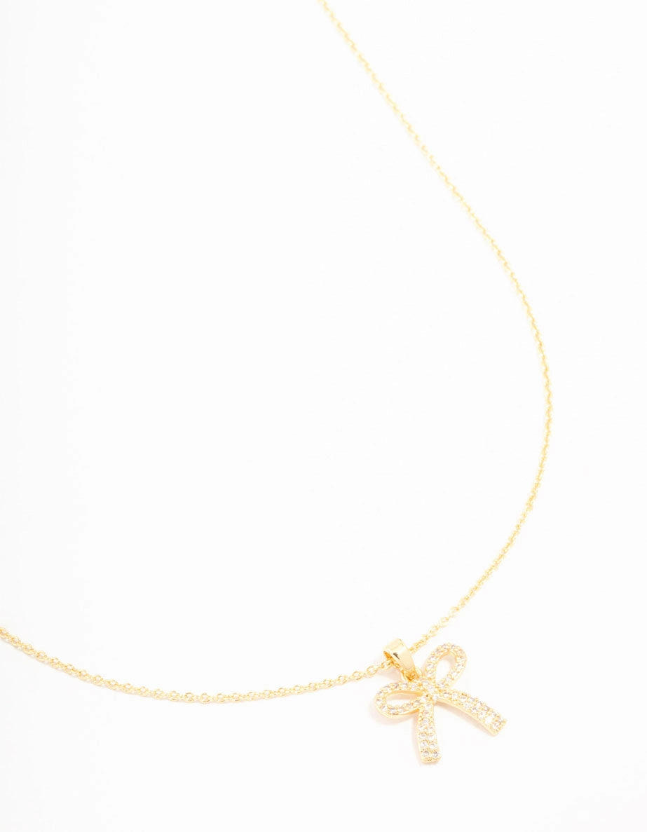 Gold Plated Pave Set Cubic Zirconia Bow Necklace Opalescent Jewelry Exhibiting Item