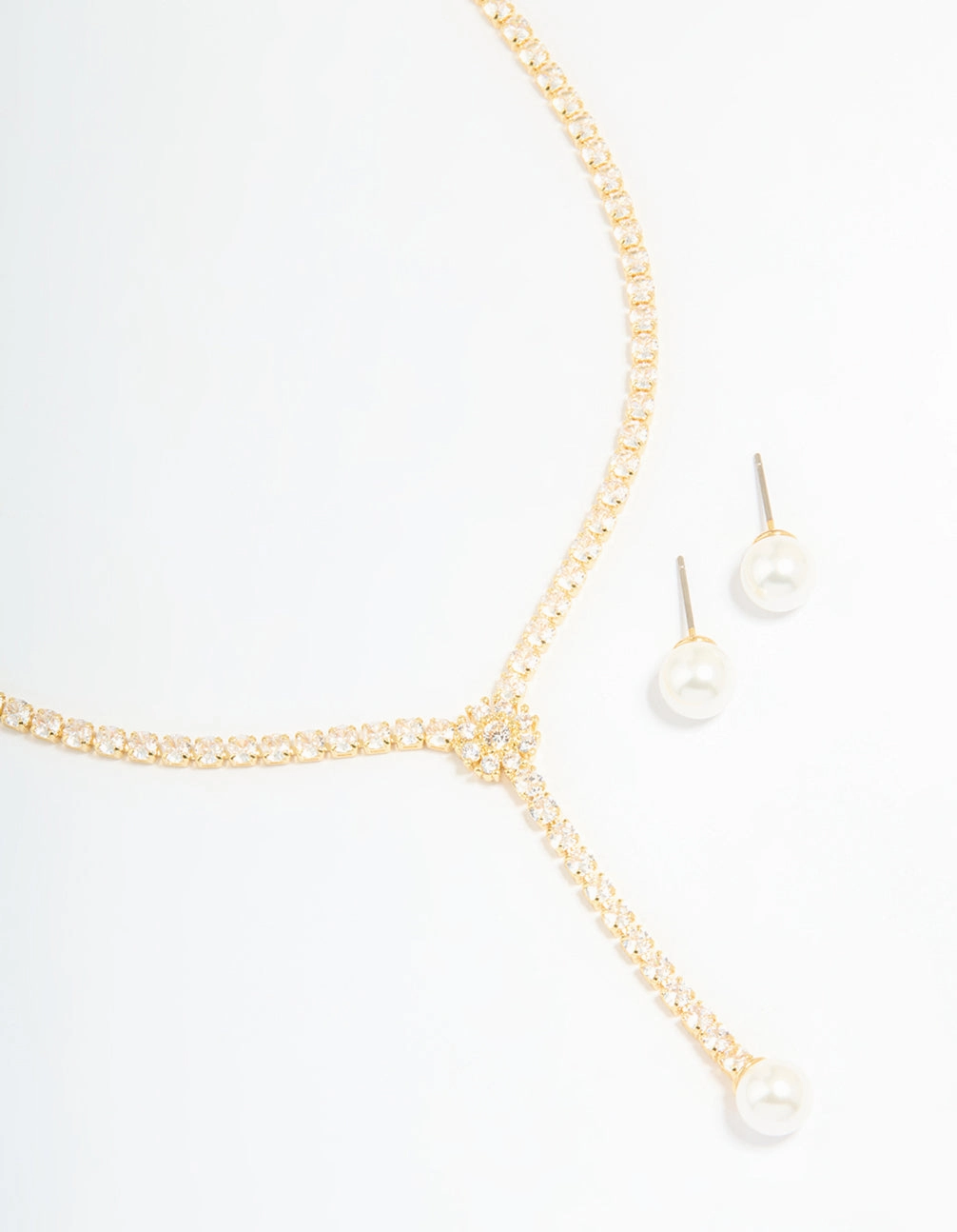 Fashion Edge Gold Plated Pearl Flower Cubic Zirconia Y-Necklace & Earrings Set