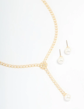 Fashion Edge Gold Plated Pearl Flower Cubic Zirconia Y-Necklace & Earrings Set