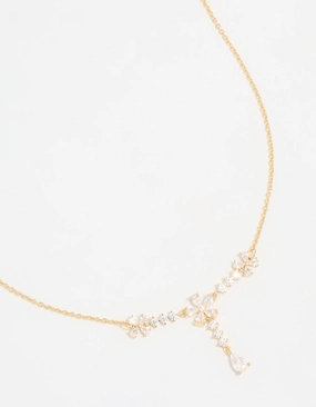 Gold Plated Pearl Flower Trio Y-Necklace Custom Ornament Diverse Fit