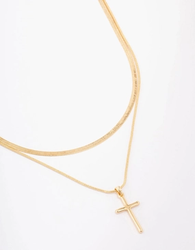 Gold Plated Plain Cross Snake Layered Necklace Festival Style