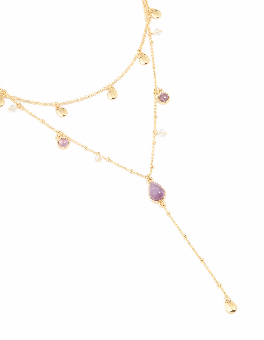 Gold Plated Purple Semi Precious Stone Droplet Layered Y-Necklace Vibrant Touch Personalized Design