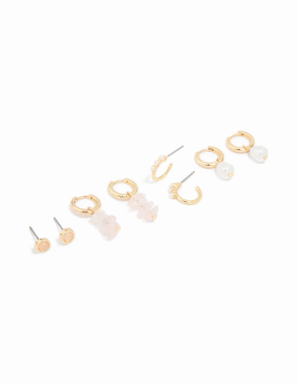 Gold Plated Rose Quartz & Pearl Huggie Earrings 4-Pack Dainty Finish