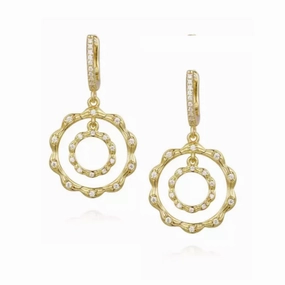 Contemporary Look Gold Plated Sterling Silver Circle Within a Circle CZ Earrings
