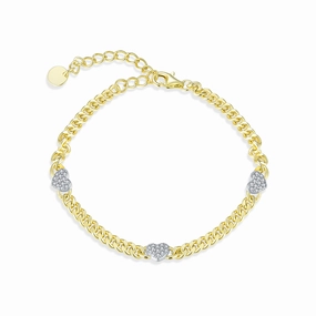 Elite Of The Elite Gold-plated Sterling Silver Cuban Chain With Three Micropave Hearts Bracelet