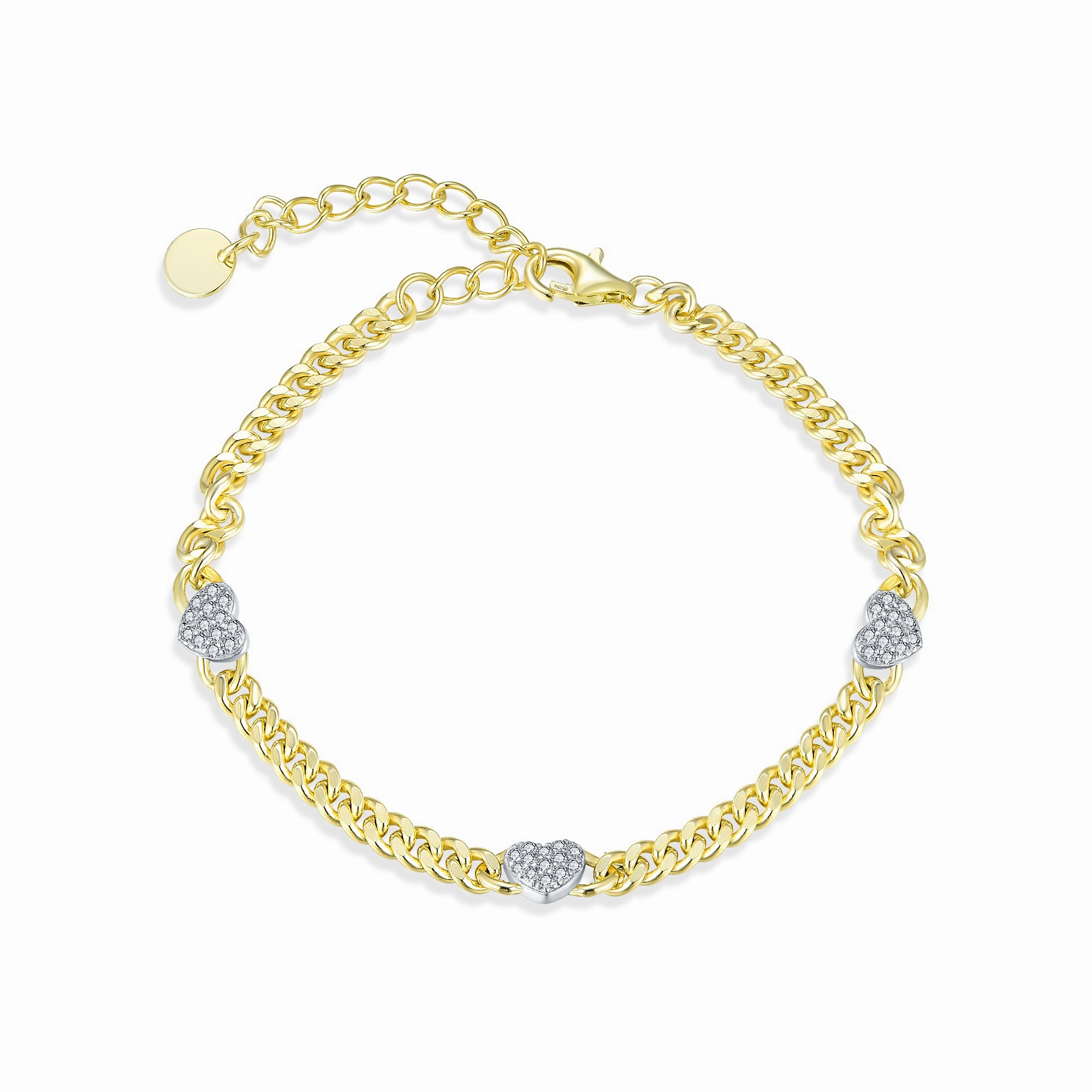 Seamless Integration Gold-plated Sterling Silver Cuban Chain With Three Micropave Hearts Bracelet
