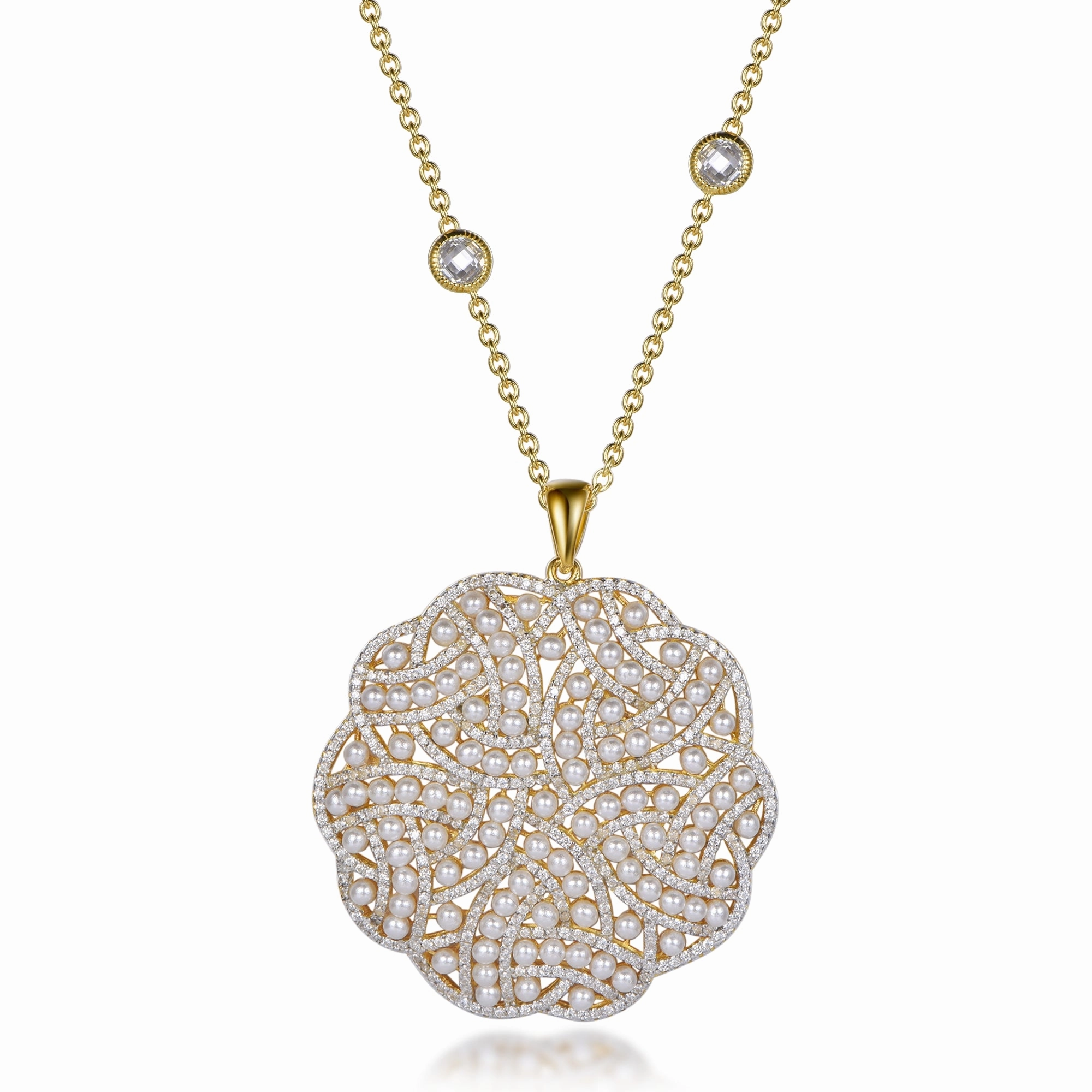 Ornamental Adornment Gold Plated Sterling Silver Elegant Design Pearl and Micropave CZ Pendant Necklace