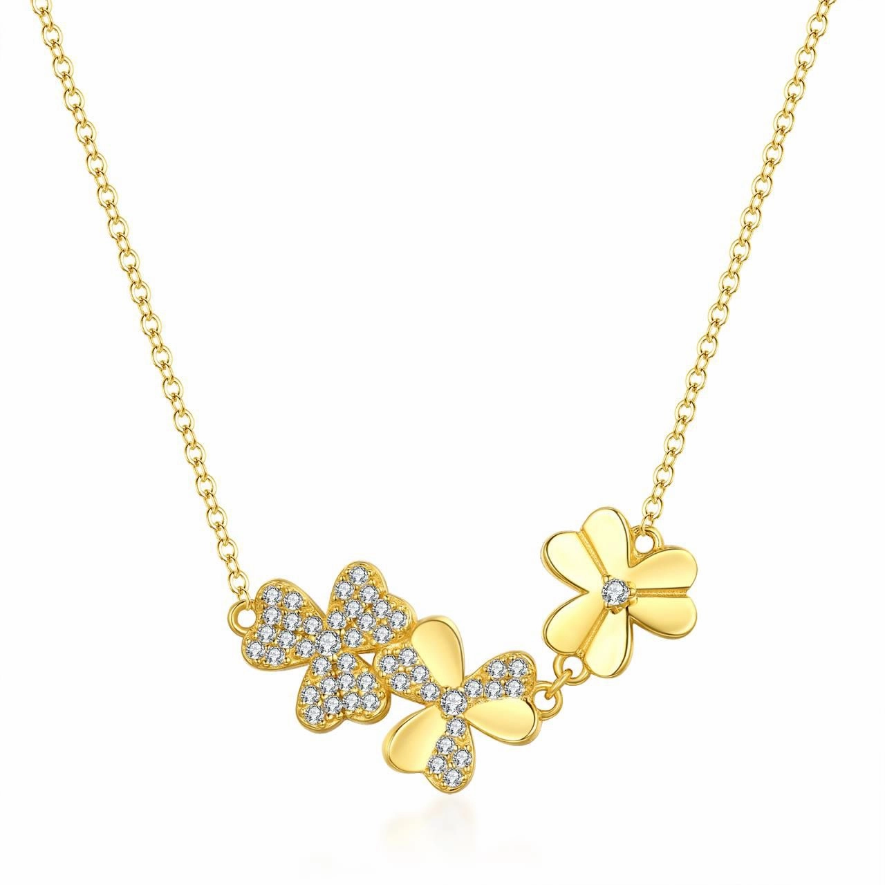 Gold Plated Sterling Silver Horizontal Triple Flower Necklace Fall Fashion