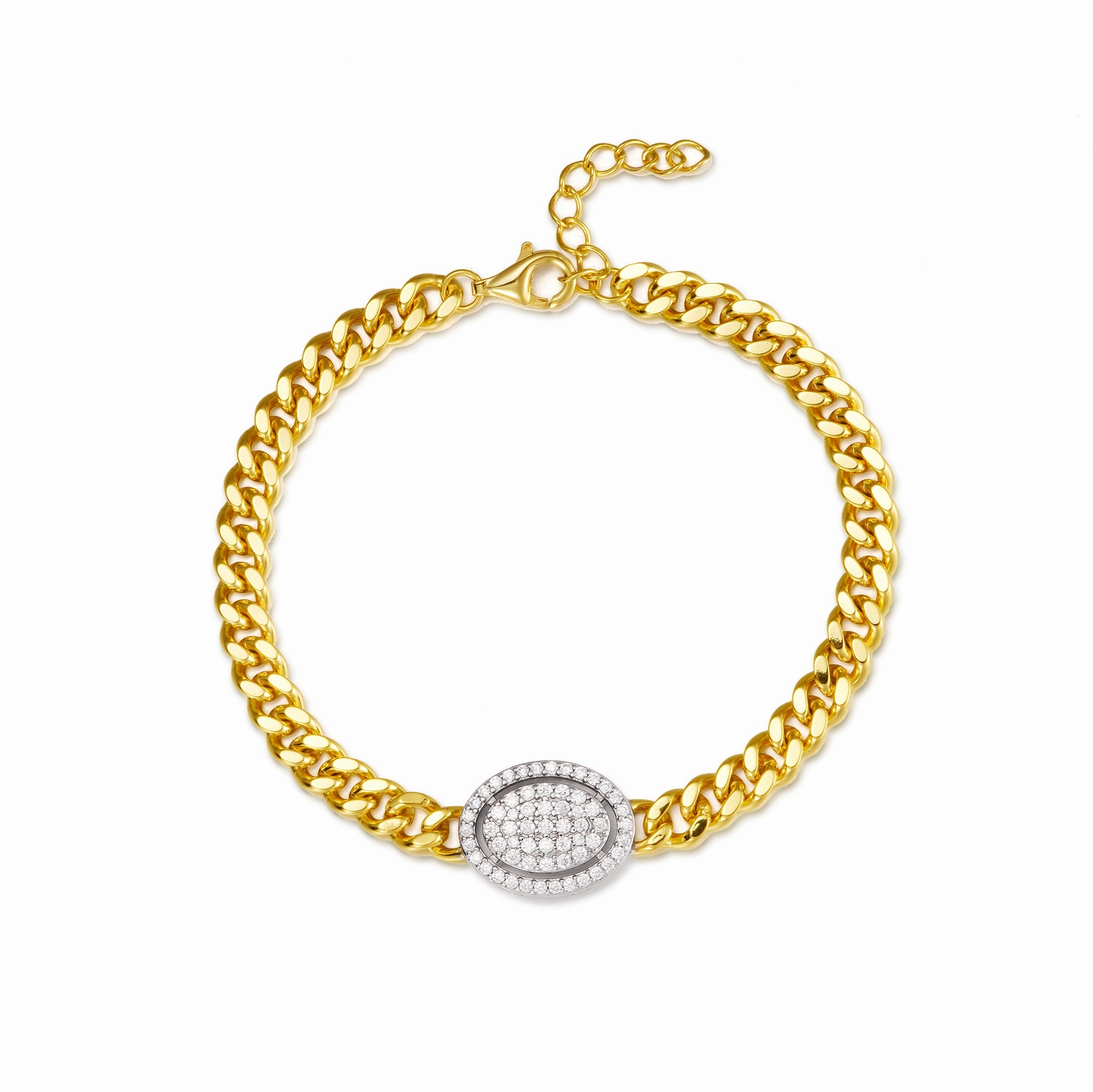 Gold-plated Sterling Silver Link Chain With Center CZ Oval Bracelet Signature Look Whimsy Touch
