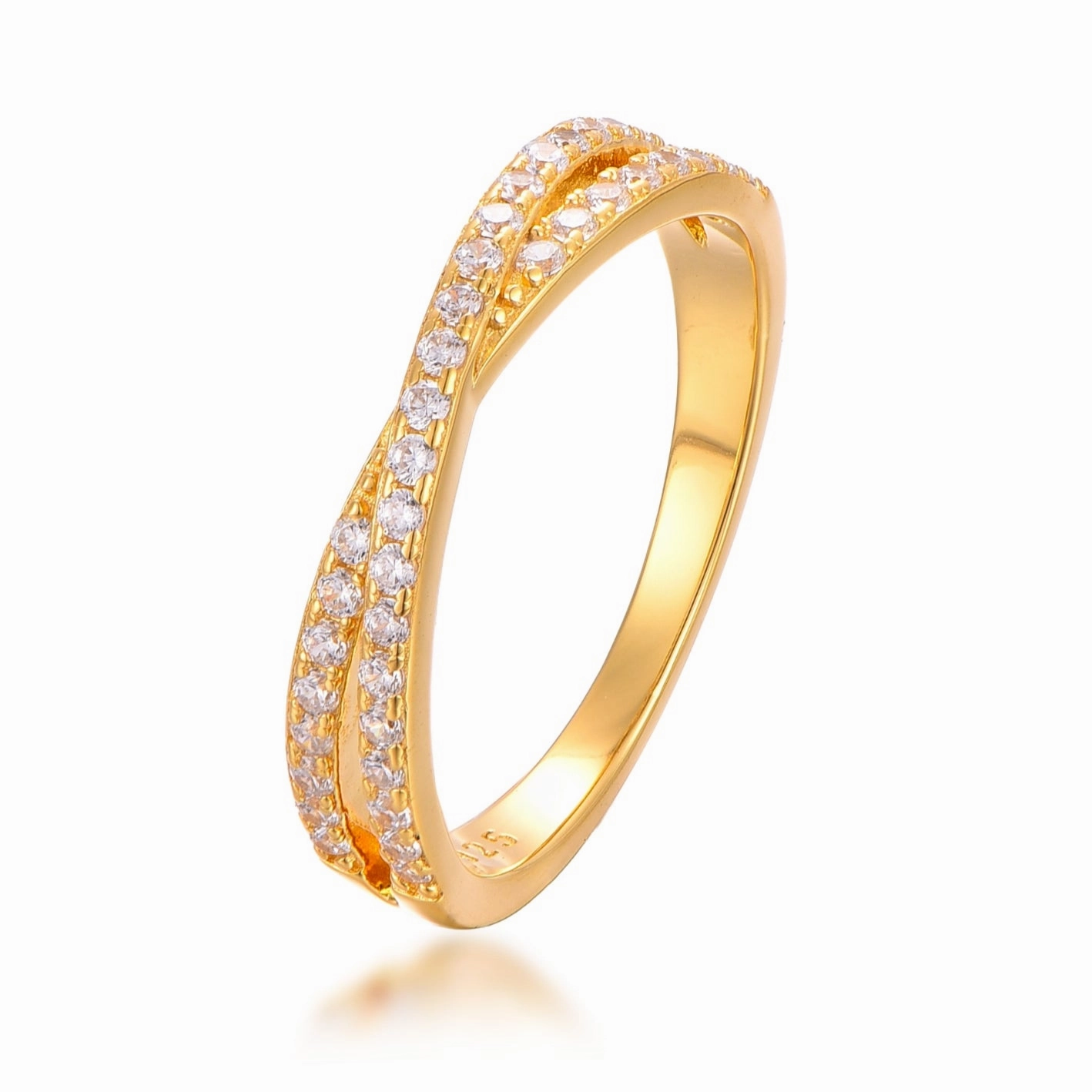 Gold Plated Sterling Silver Micropave Crossover CZ Ring Delicate Statement Ornate Gift
