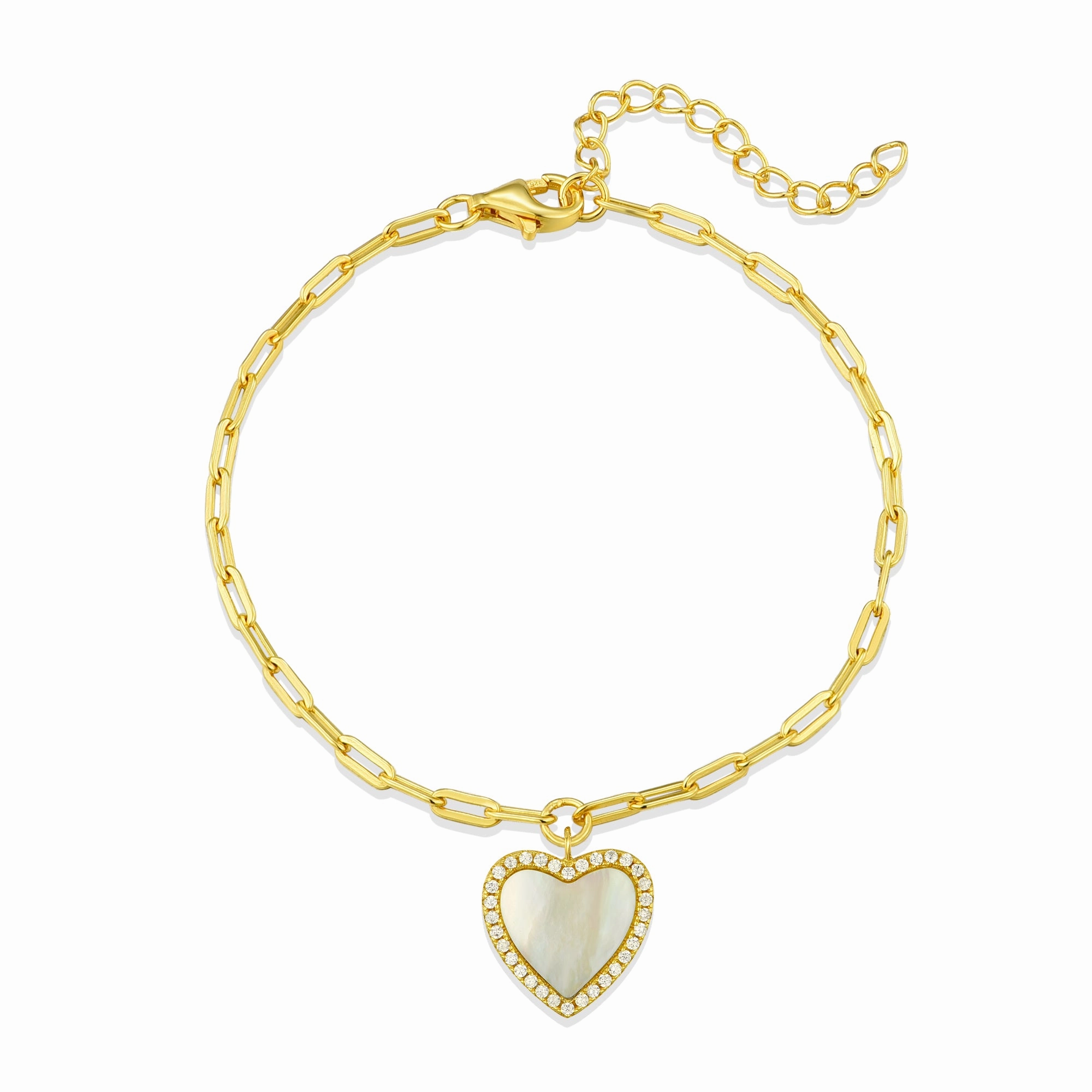 Gold Plated Sterling Silver Mother Of Pearl Heart On Paperclip Chain Bracelet Signature Look