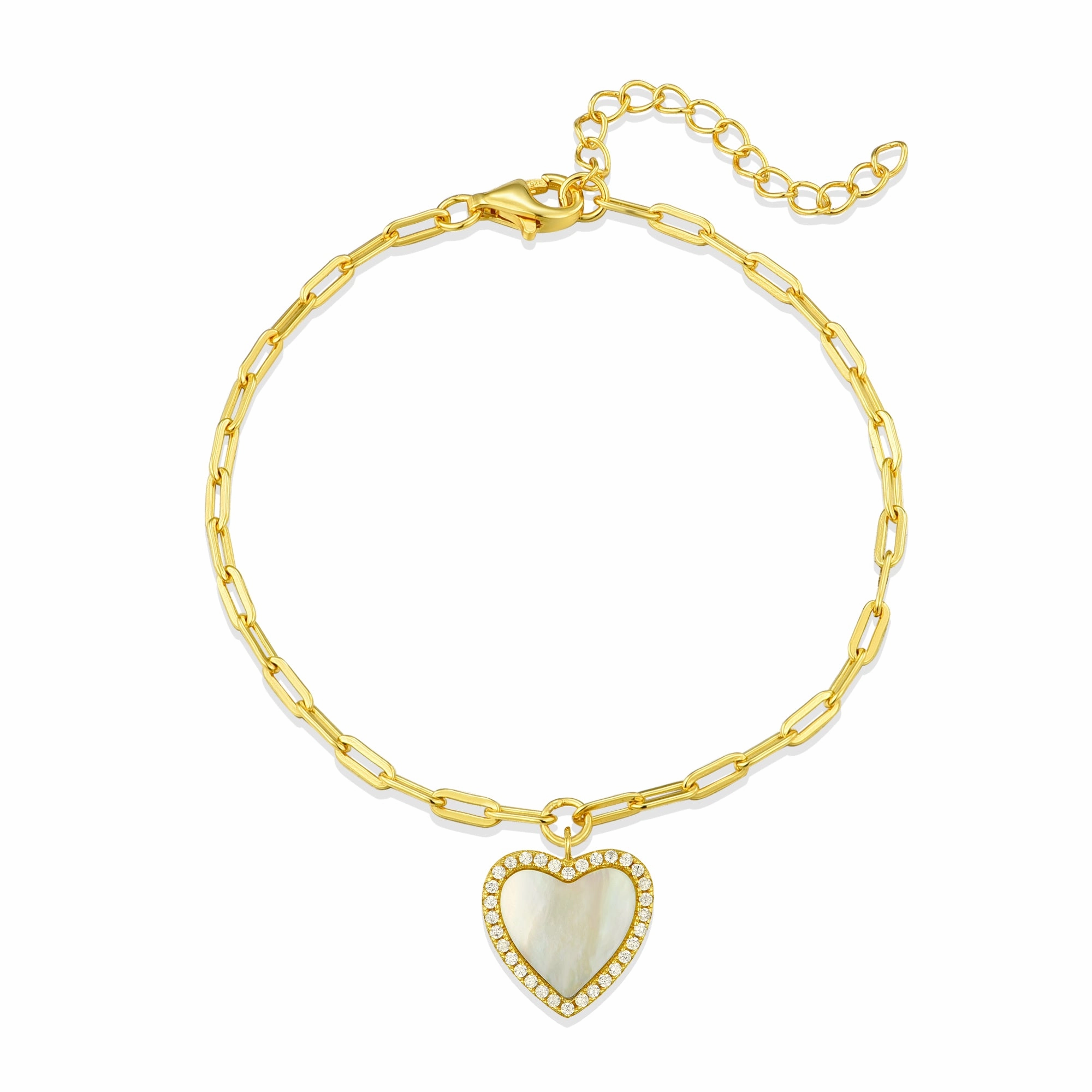 Gold Plated Sterling Silver Mother Of Pearl Heart On Paperclip Chain Bracelet City Style