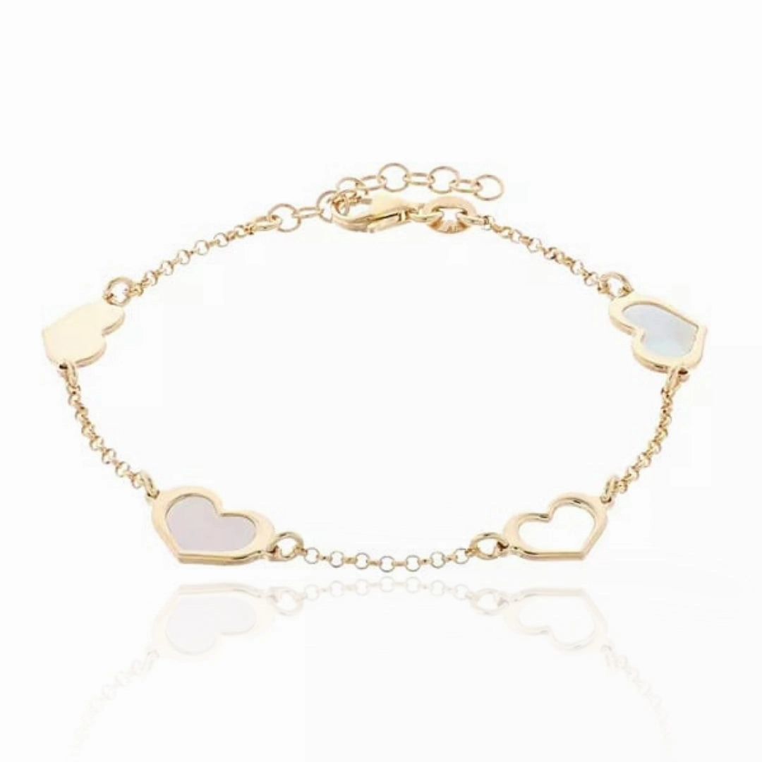 Gold Plated Sterling Silver Mother of Pearl Heart Station Bracelet Unforgettable Combinations easy to layer