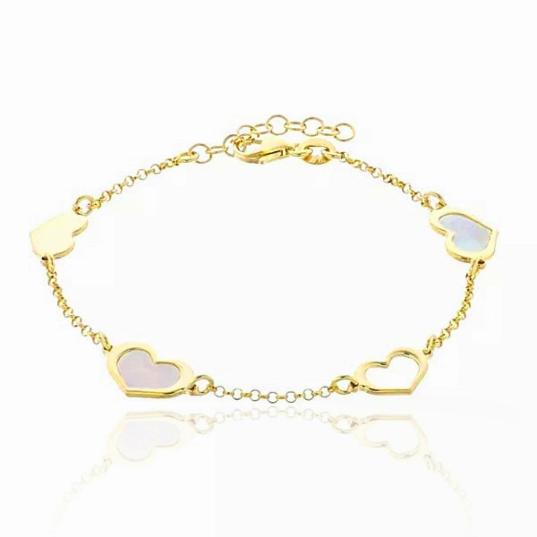 Gold Plated Sterling Silver Mother of Pearl Heart Station Bracelet Verified Craft