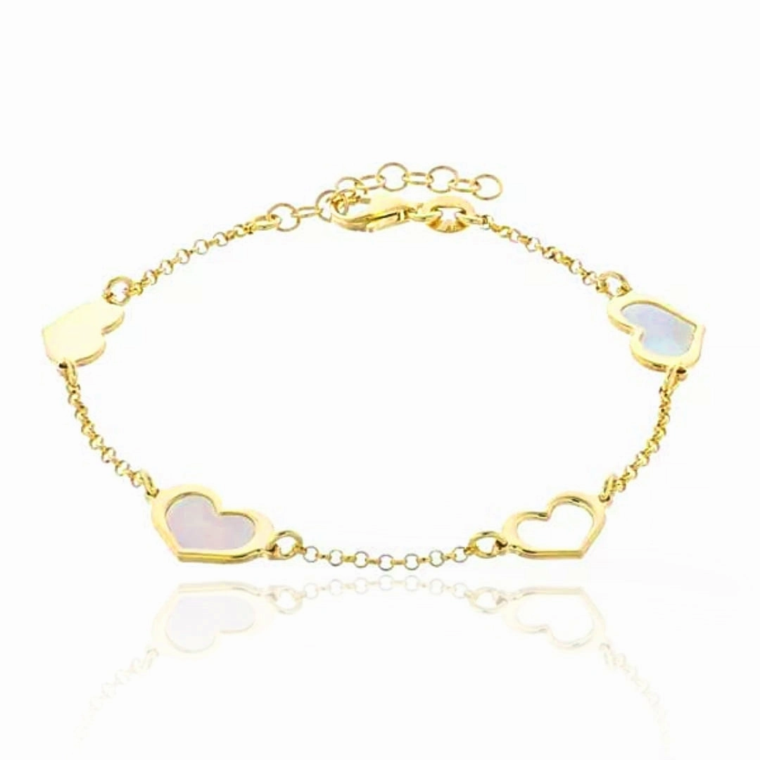 Immediate Hit Dressy Accent Gold Plated Sterling Silver Mother of Pearl Heart Station Bracelet