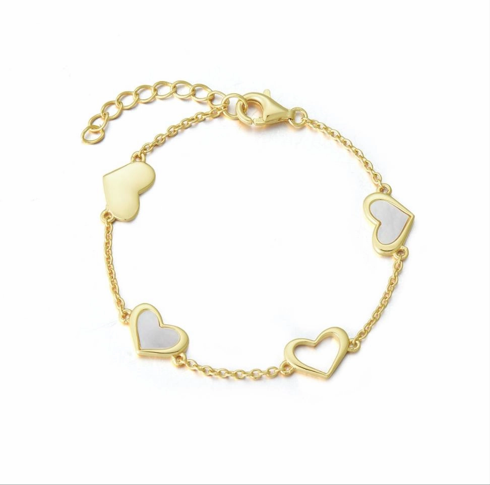 Gold Plated Sterling Silver Mother of Pearl Heart Station Bracelet Precisely Valued