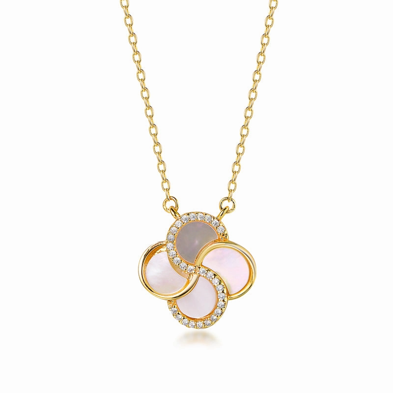 Date Outfit Unique Present Gold Plated Sterling Silver Mother of Pearl with CZ Clover Necklace