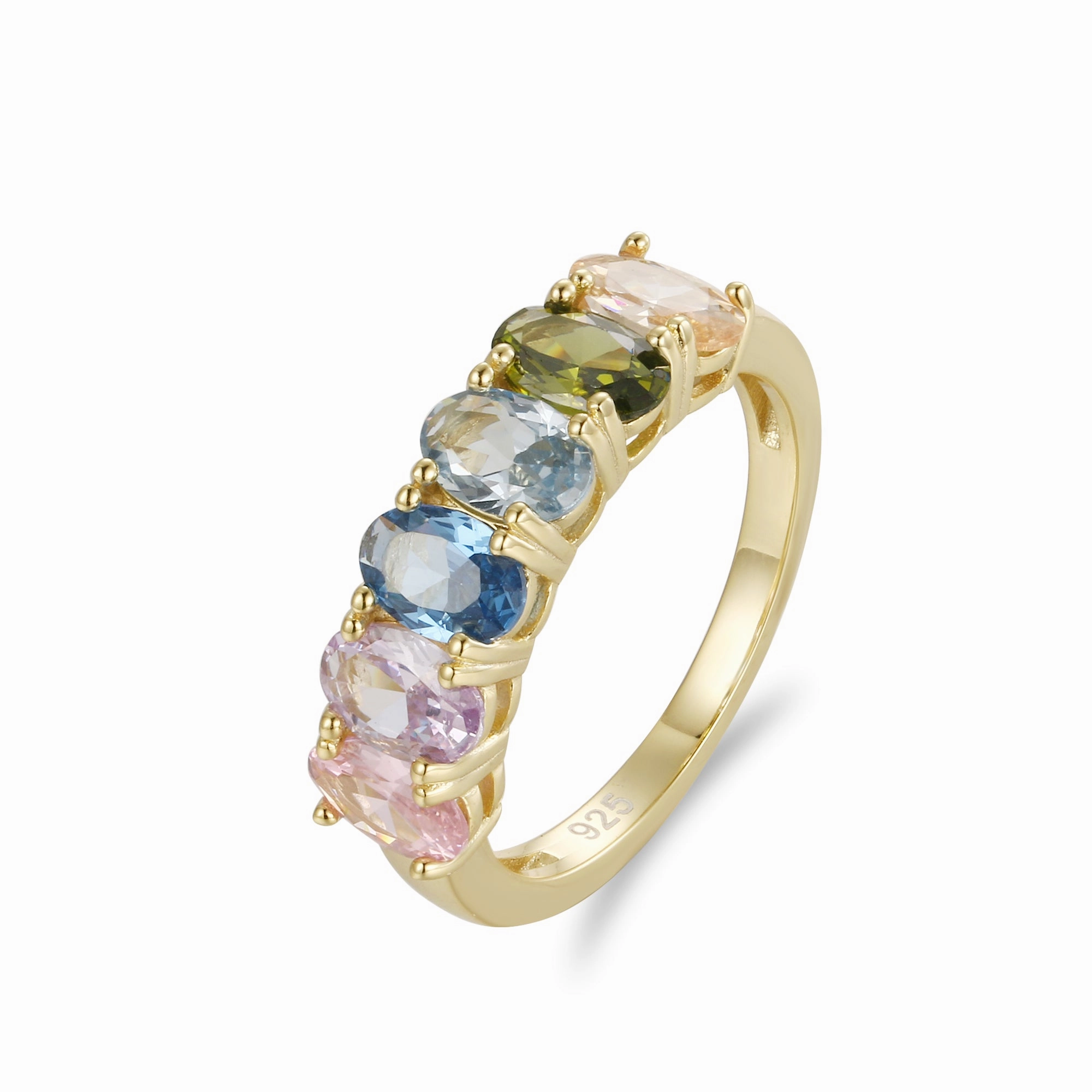 Gold Plated Sterling Silver Multicolor Oval Eternity Band Ring Daytime Fashion Artistic Trinket