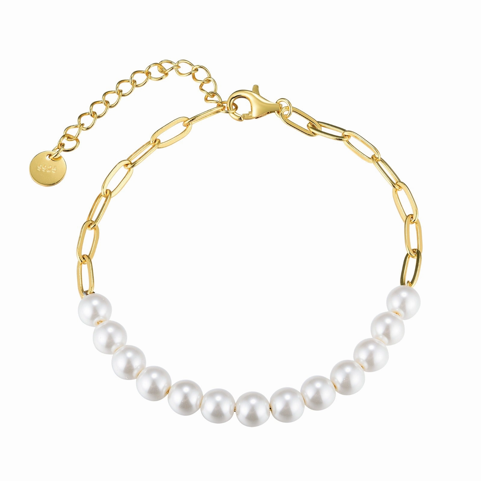 Easy Fusions Gold Plated Sterling Silver Paperclip Chain With Pearl Bracelet