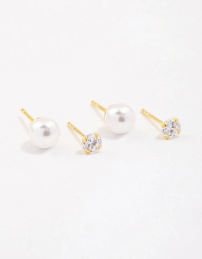 Gold Plated Sterling Silver Pearl & Cubic Zirconia Stud Earring Pack Statement Look Modern pieces